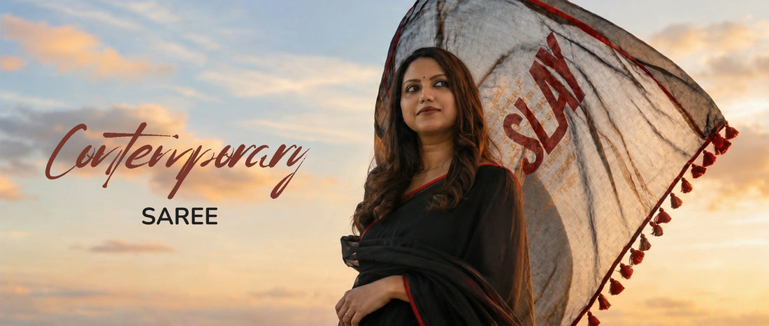Woman in a black statement saree with gold block-printed pallu, a main character saree by Kottanz Loom