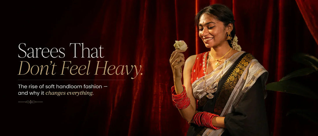 Woman in gold-bordered saree against a red curtain backdrop