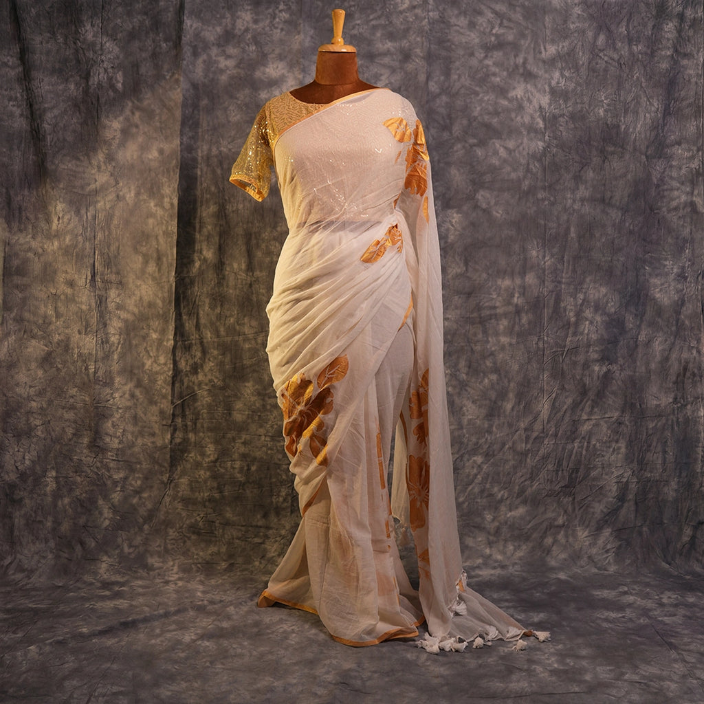 White Bloom and Bold Saree | Designer Floral Organza Saree with Gold