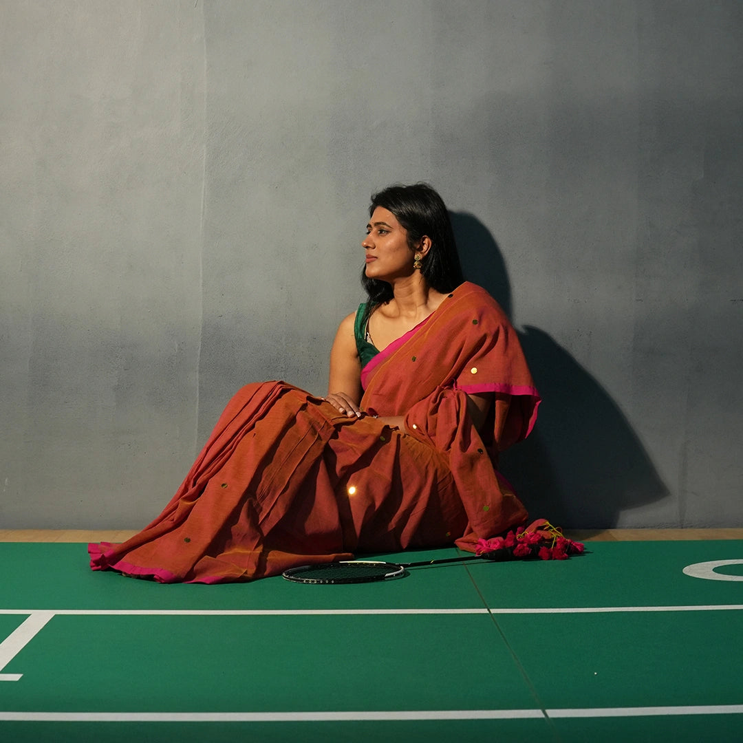 Coral Pink Saree with Mirror Work – Handcrafted Ethnic Wear