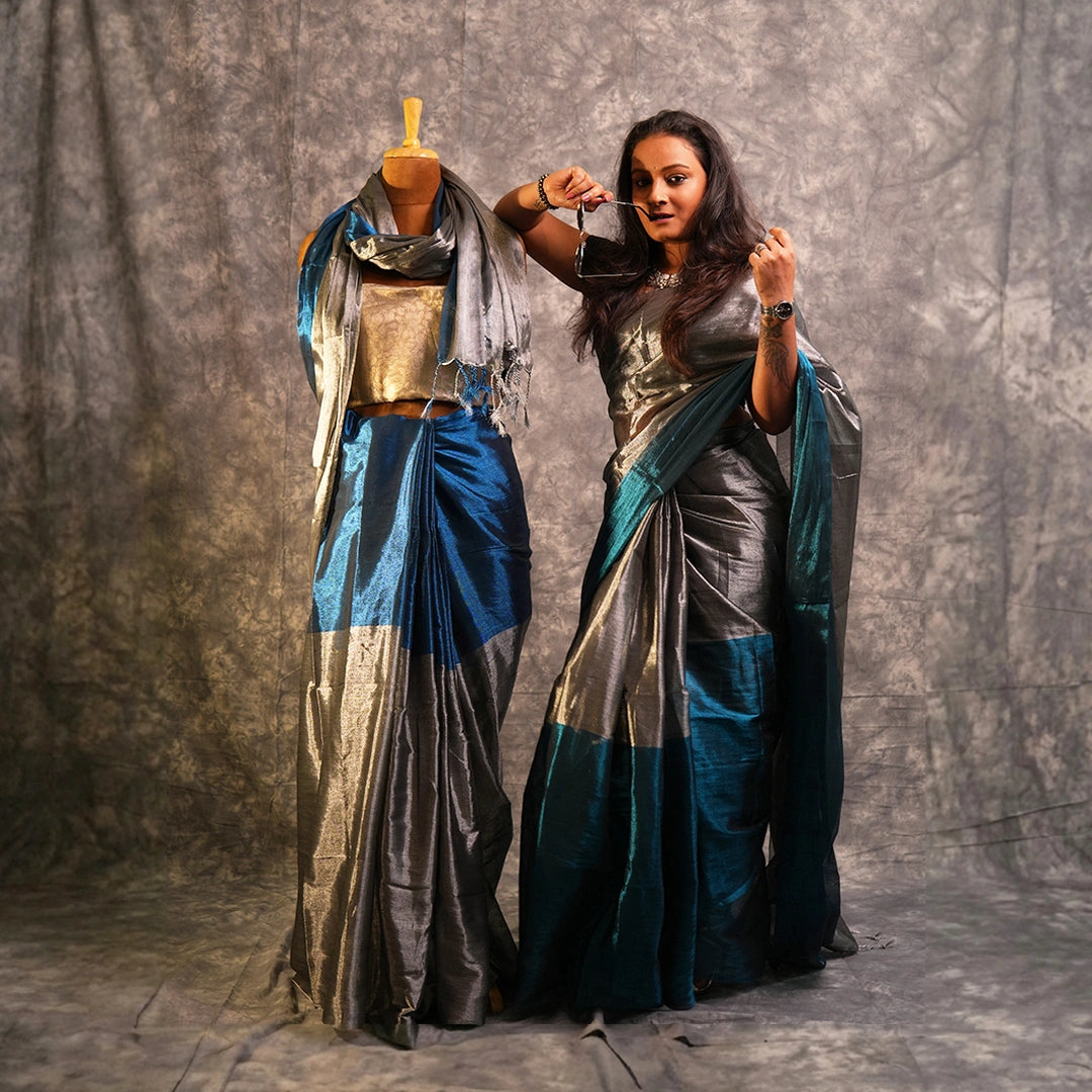 Blue Turnaround Tissue Saree | Tri-Color Reversible Designer Saree