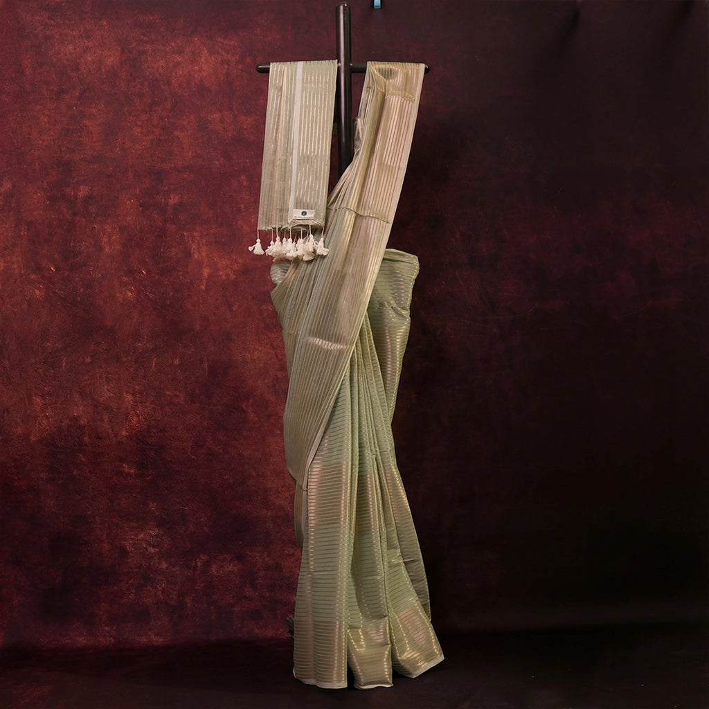 Blue Striped Tissue Silk Saree | Handloom Lightweight Saree