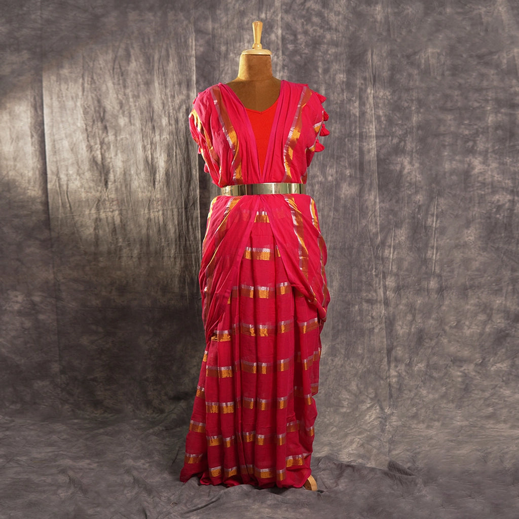 Dark Pink Zari Stripe Handloom Saree | Festive Traditional Wear