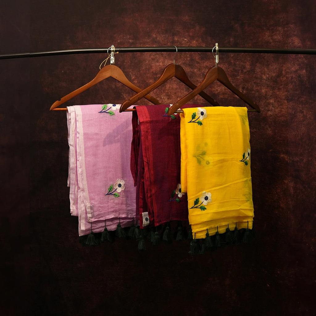 Handloom Cotton Saree Set with Floral Embroidery - Pack of 3