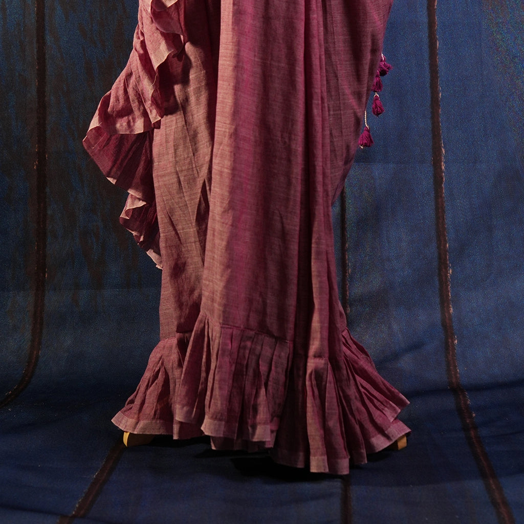 Pink Ruffle Classic Saree | Handcrafted Cotton Tassel Saree