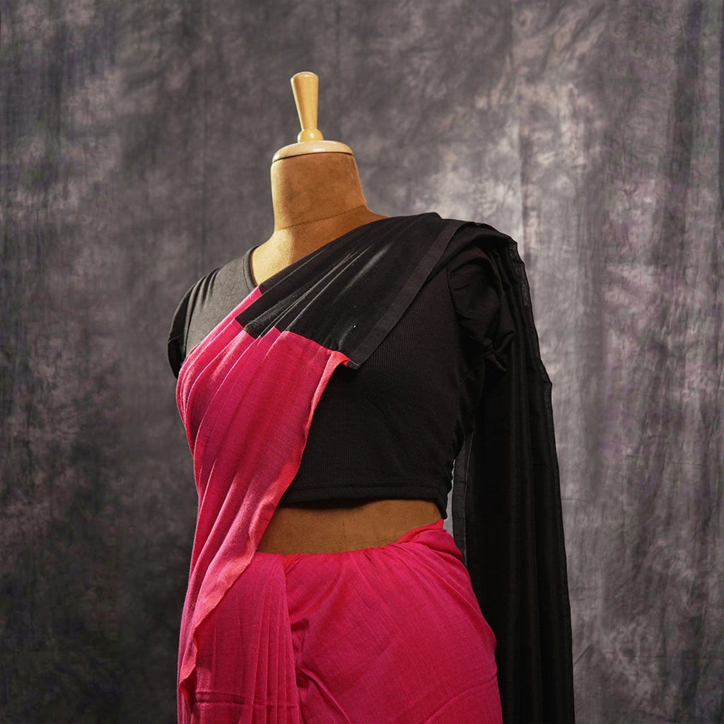 Pink  Black Contrast Khadi Saree – Bold Two-Tone Drape