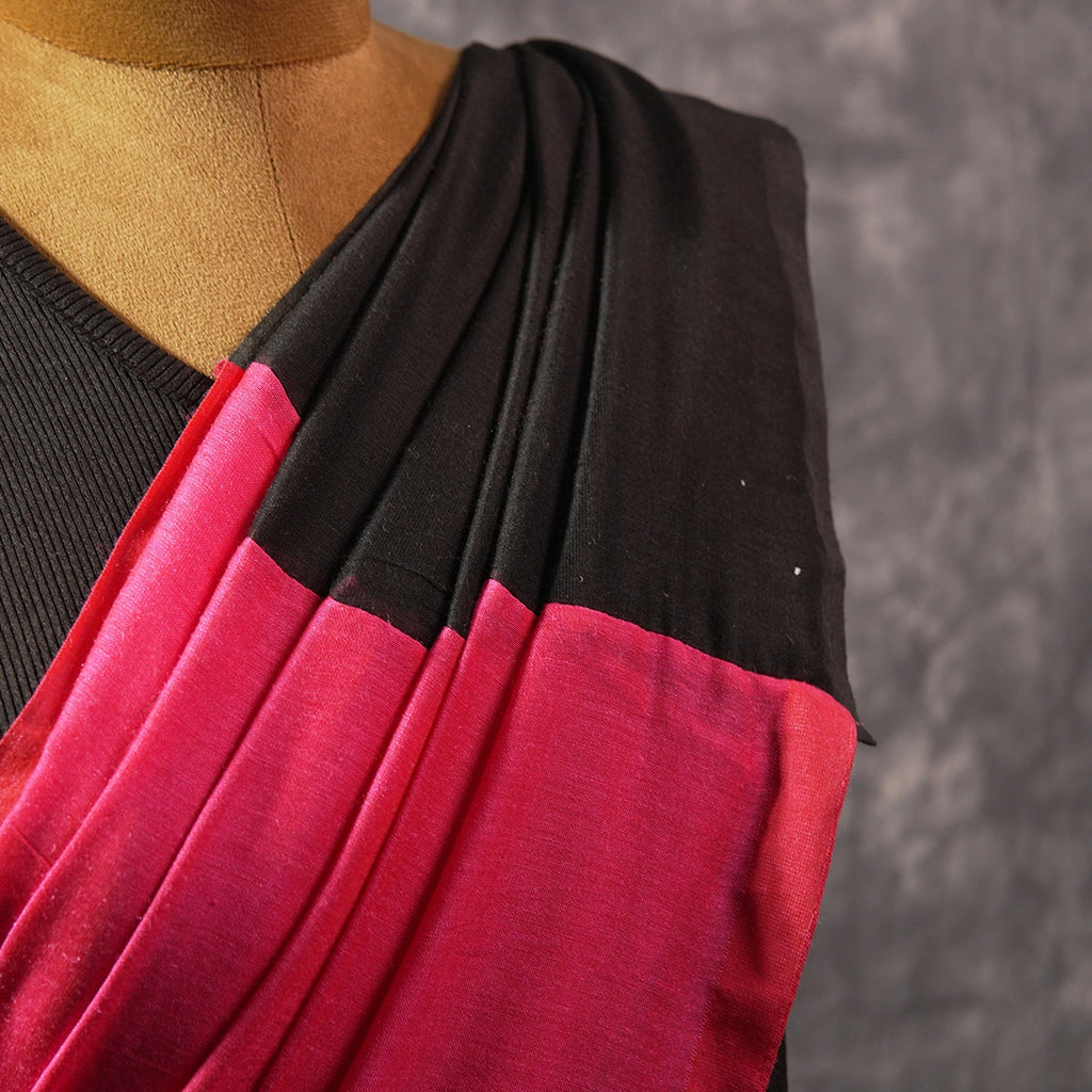 Pink  Black Contrast Khadi Saree – Bold Two-Tone Drape