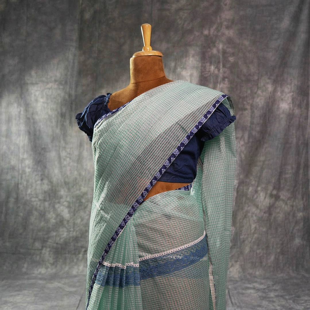 Vintage Check – Mint Green Khadi Saree with Navy Lace Border