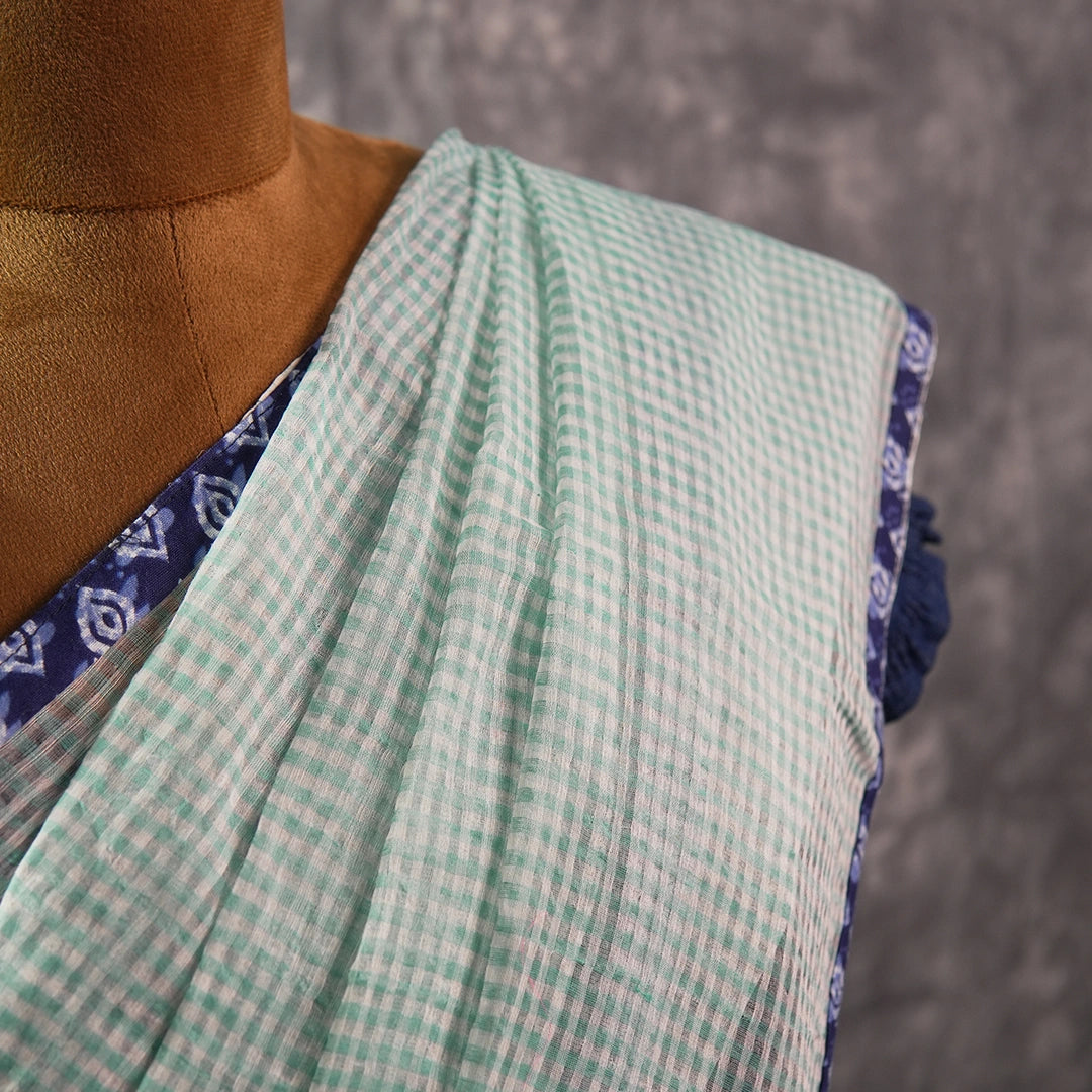 Vintage Check – Mint Green Khadi Saree with Navy Lace Border