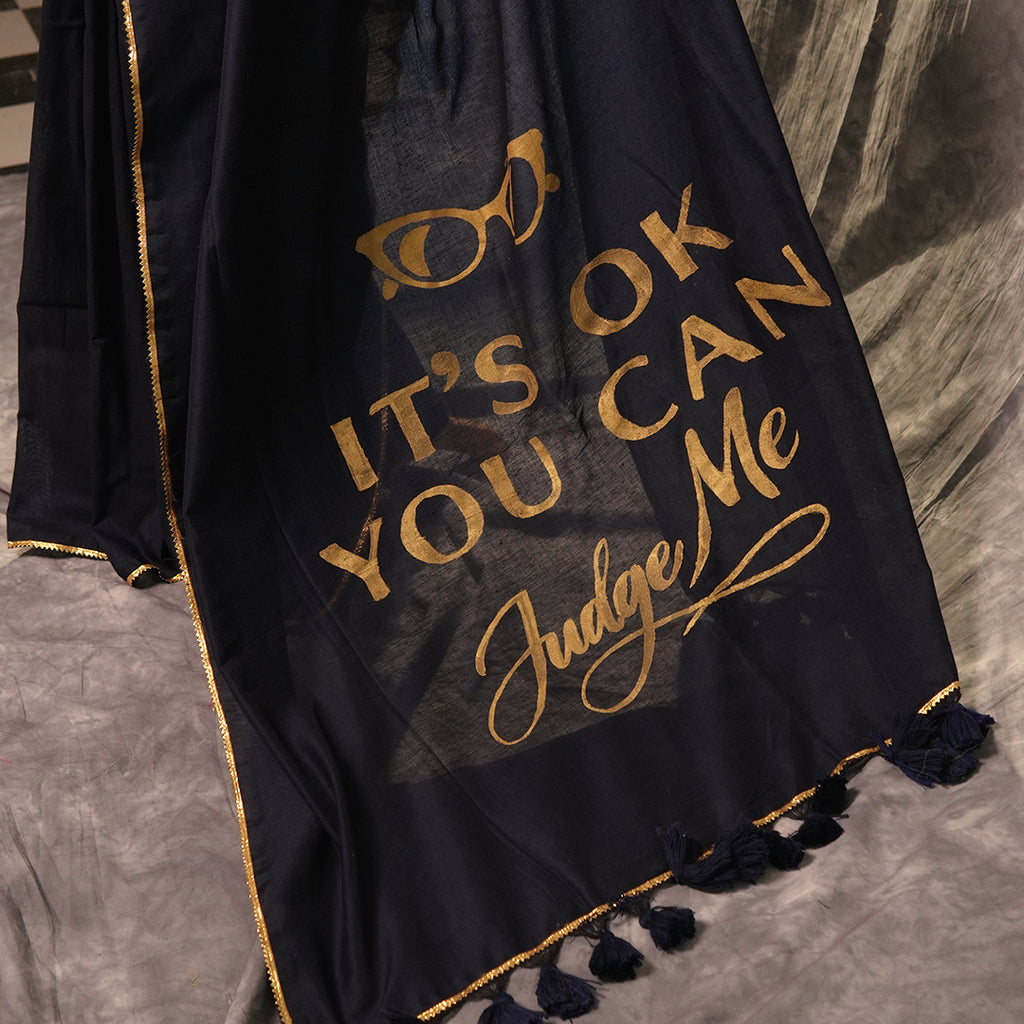 Unfiltered Blue – Navy Khadi Saree with Gold Motif  Tassels