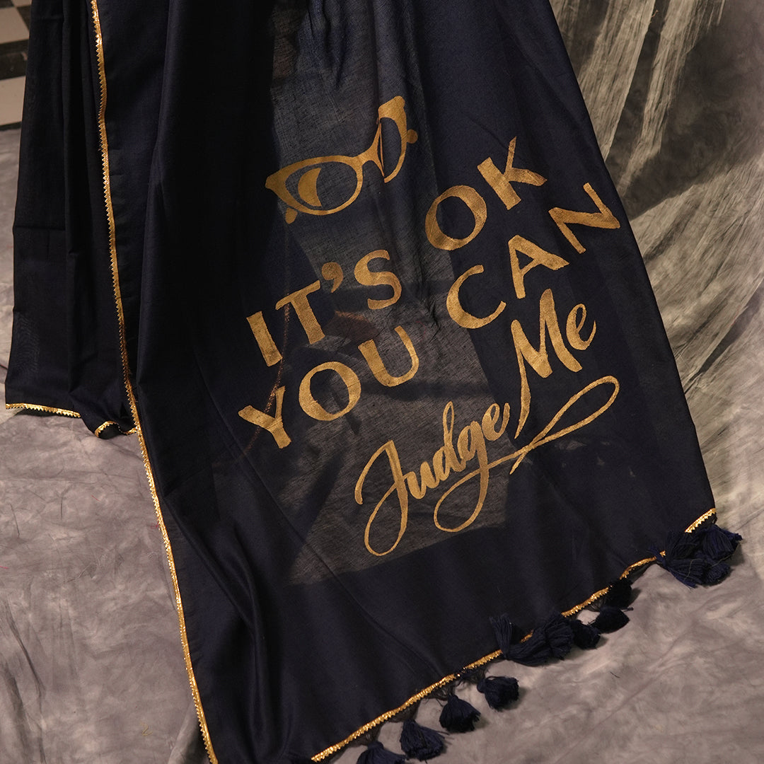 Unfiltered Blue – Navy Khadi Saree with Gold Motif  Tassels