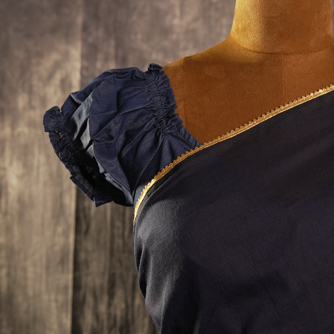 Unfiltered Blue – Navy Khadi Saree with Gold Motif  Tassels