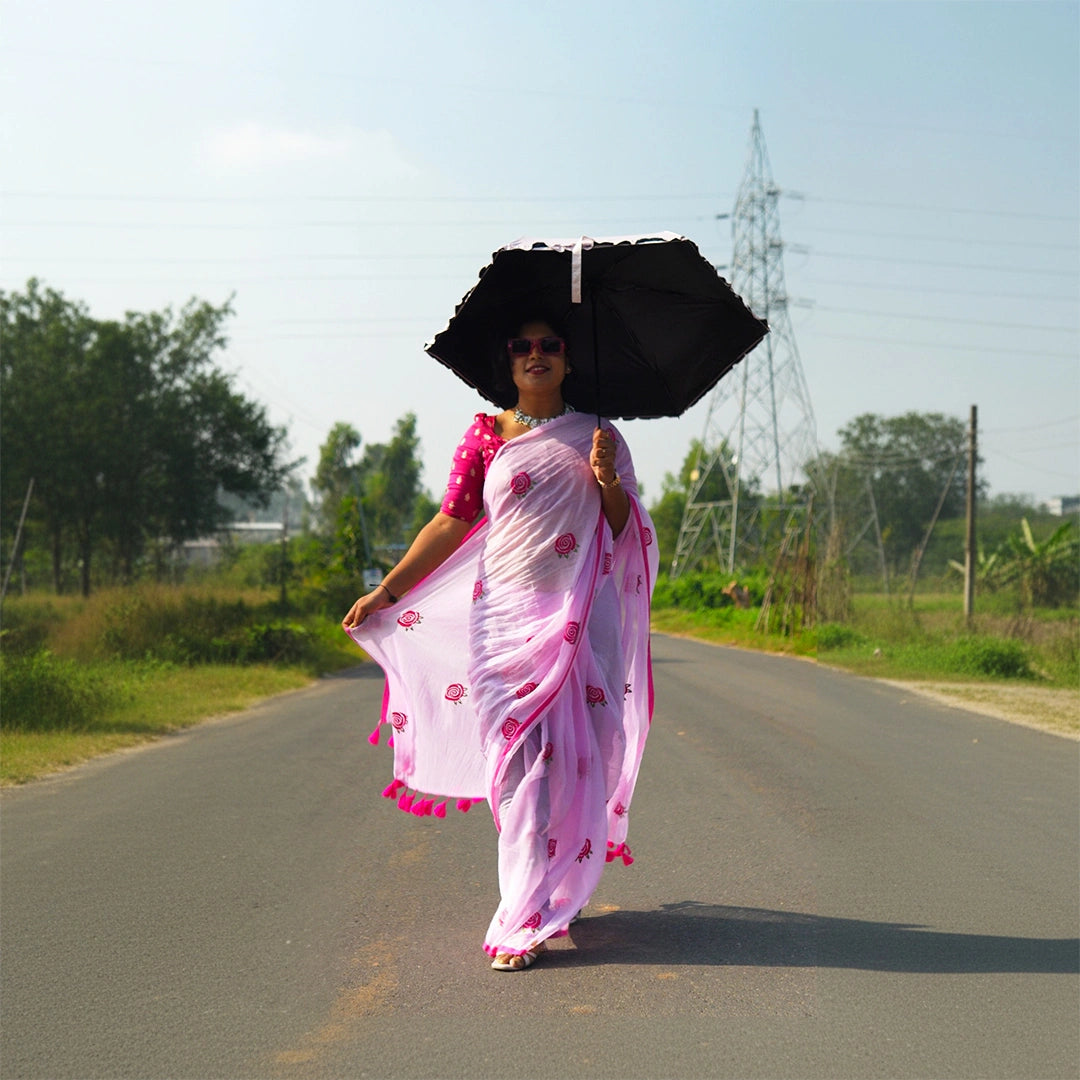 Baby Pink Rose Embroidery Saree – Elegant Festive Party Wear