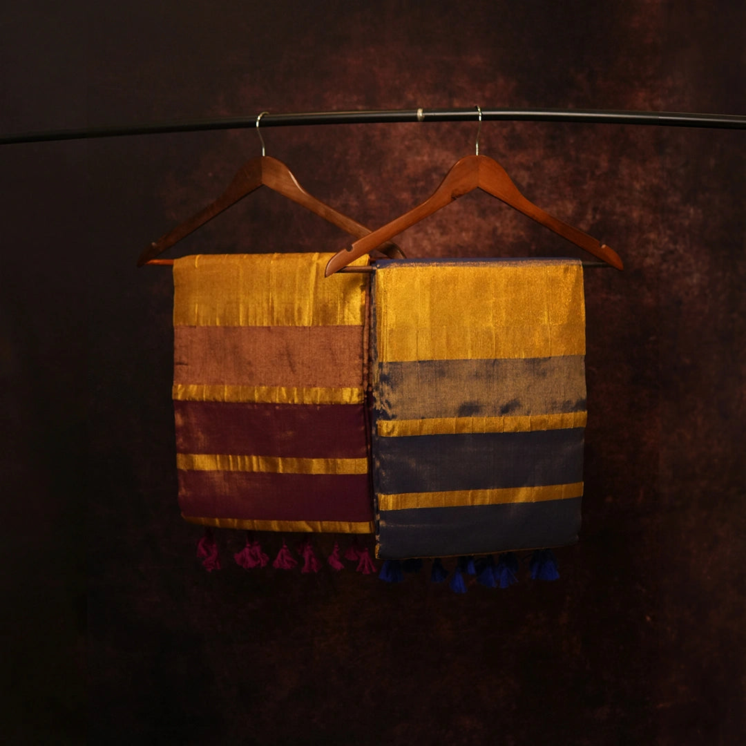 Handloom Color Block Saree Pair with Golden Stripes - Set of 2