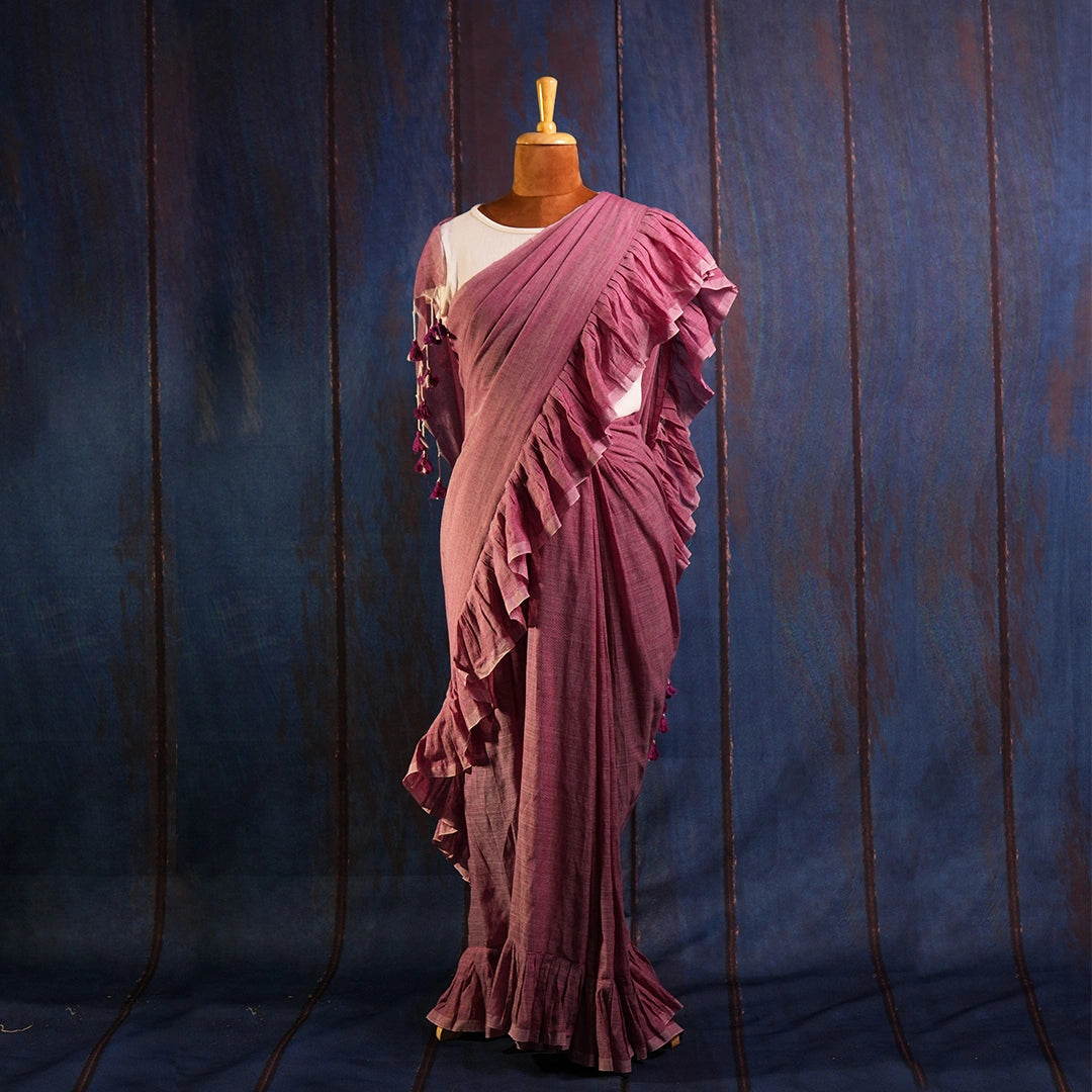Pink Ruffle Classic Saree | Handcrafted Cotton Tassel Saree