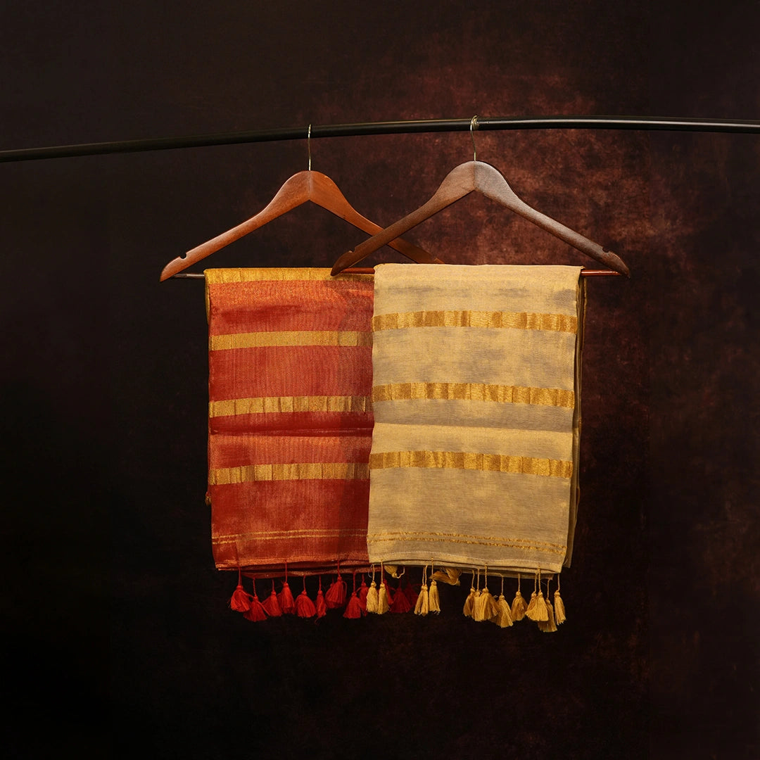 Handloom Striped Saree Pair with Golden Zari Tassels - Set of 2