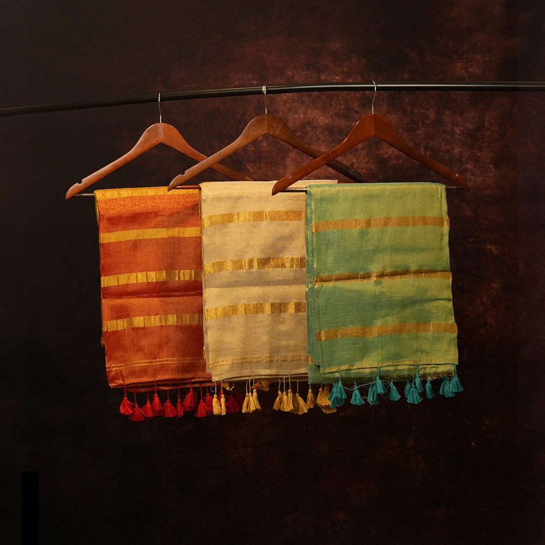 Handloom Striped Saree Combo with Golden Zari Tassels - Set of 3