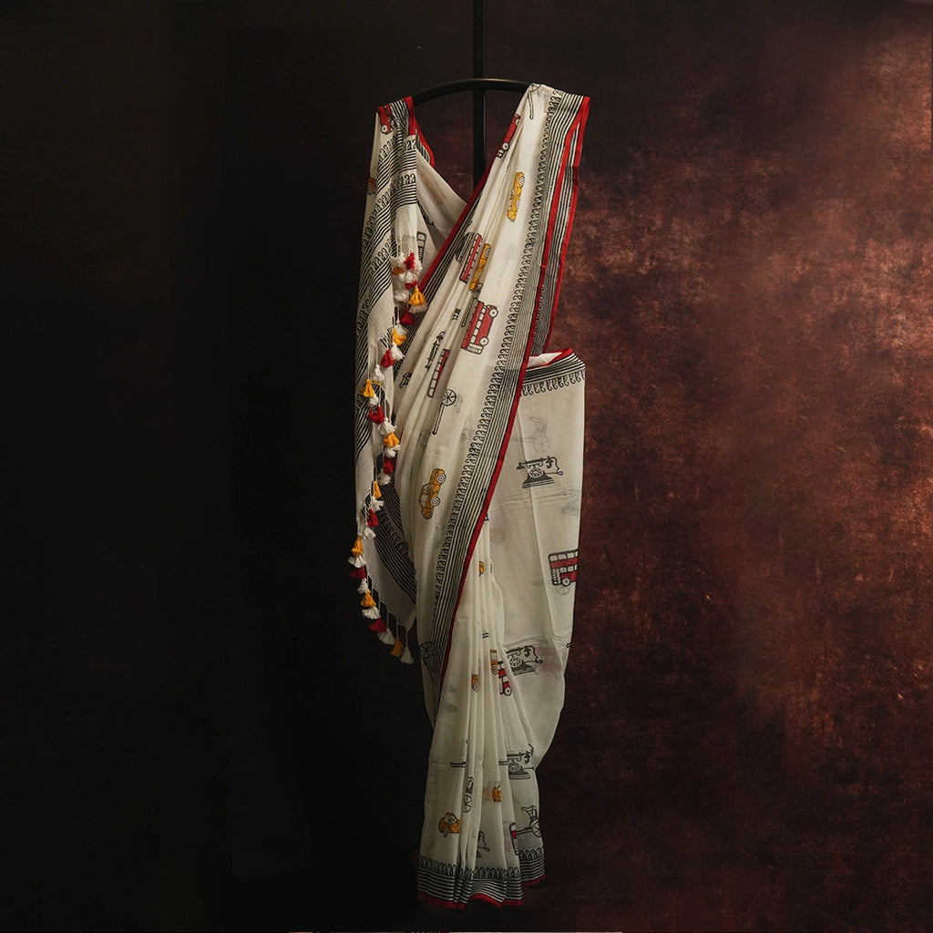 Vintage Transport Print Cotton Saree | Quirky Handcrafted Saree