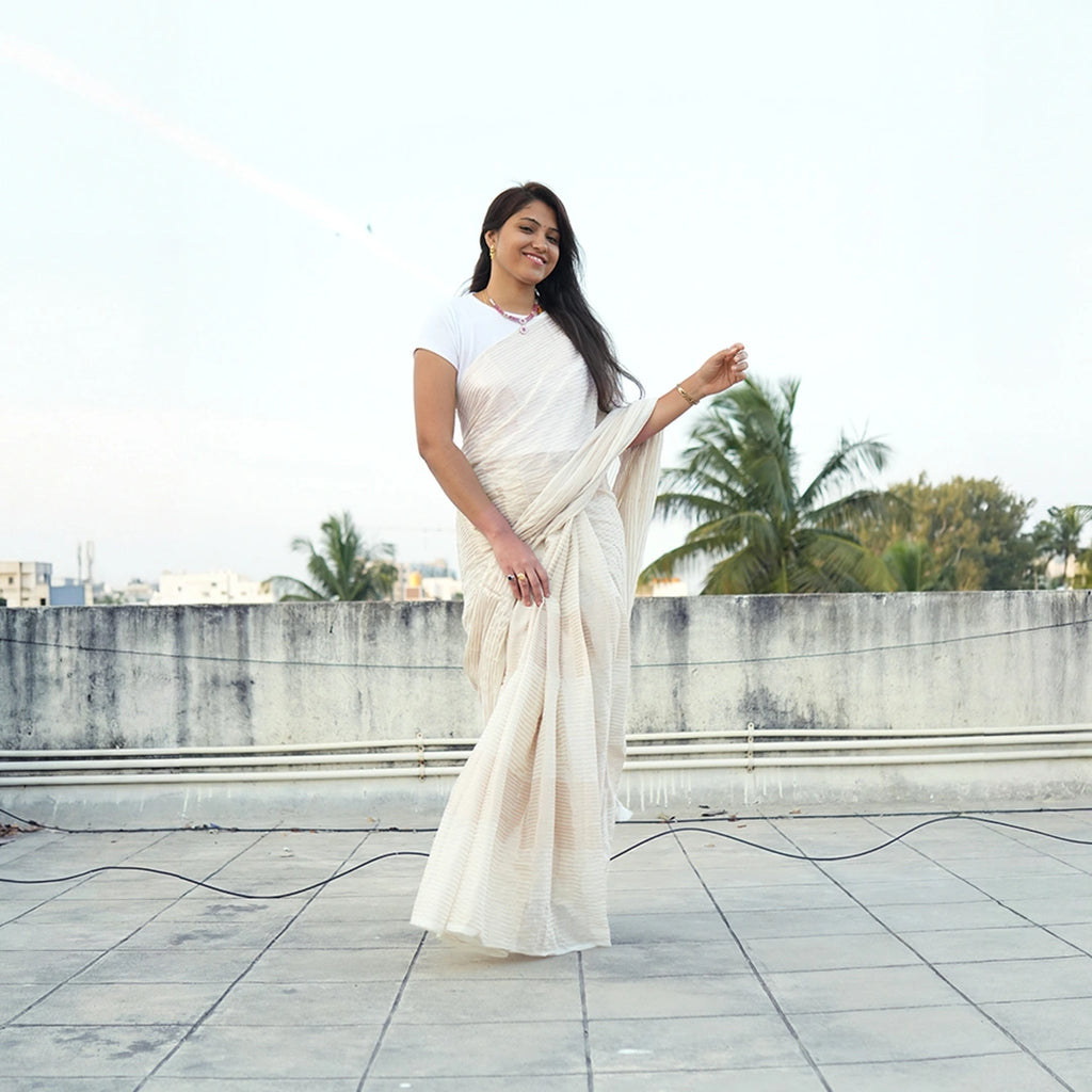 White Mul Cotton Saree | Handwoven Lightweight Indian Saree