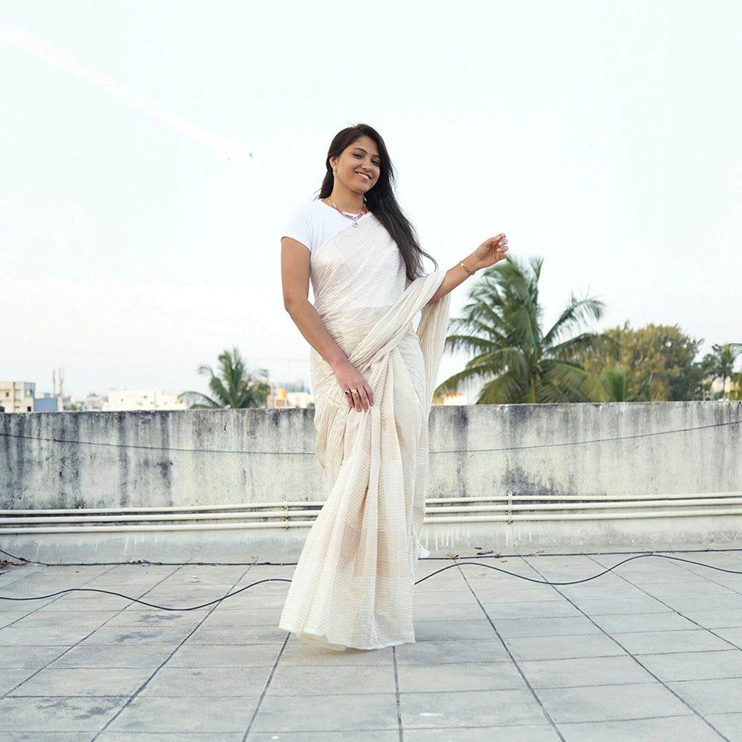 White Mul Cotton Saree | Handwoven Lightweight Indian Saree