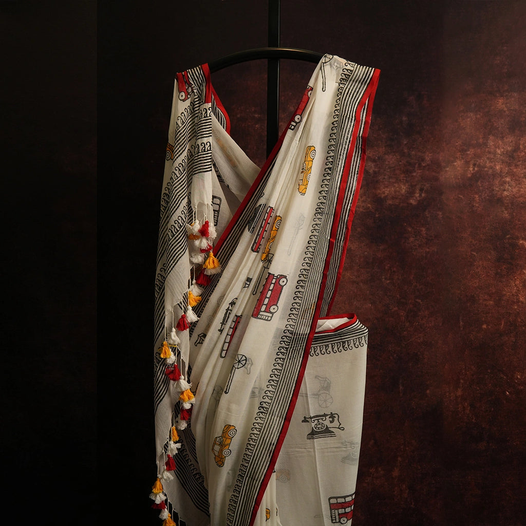 Vintage Transport Print Cotton Saree | Quirky Handcrafted Saree