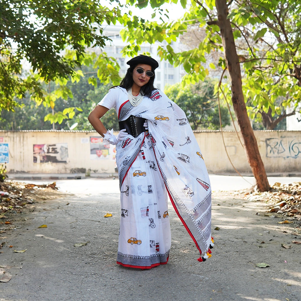 Vintage Transport Print Cotton Saree | Quirky Handcrafted Saree