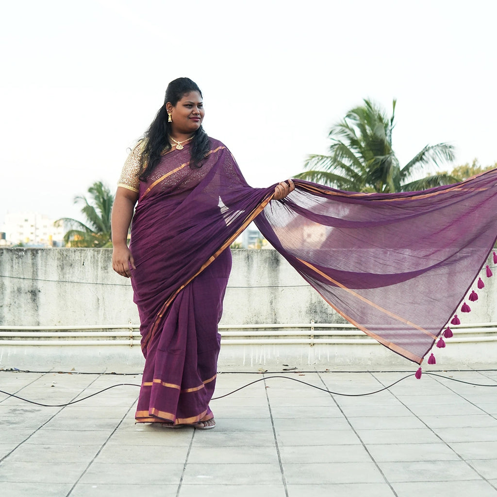 Purple Mul Cotton Saree | Handloom Soft Cotton Saree with Golden Border