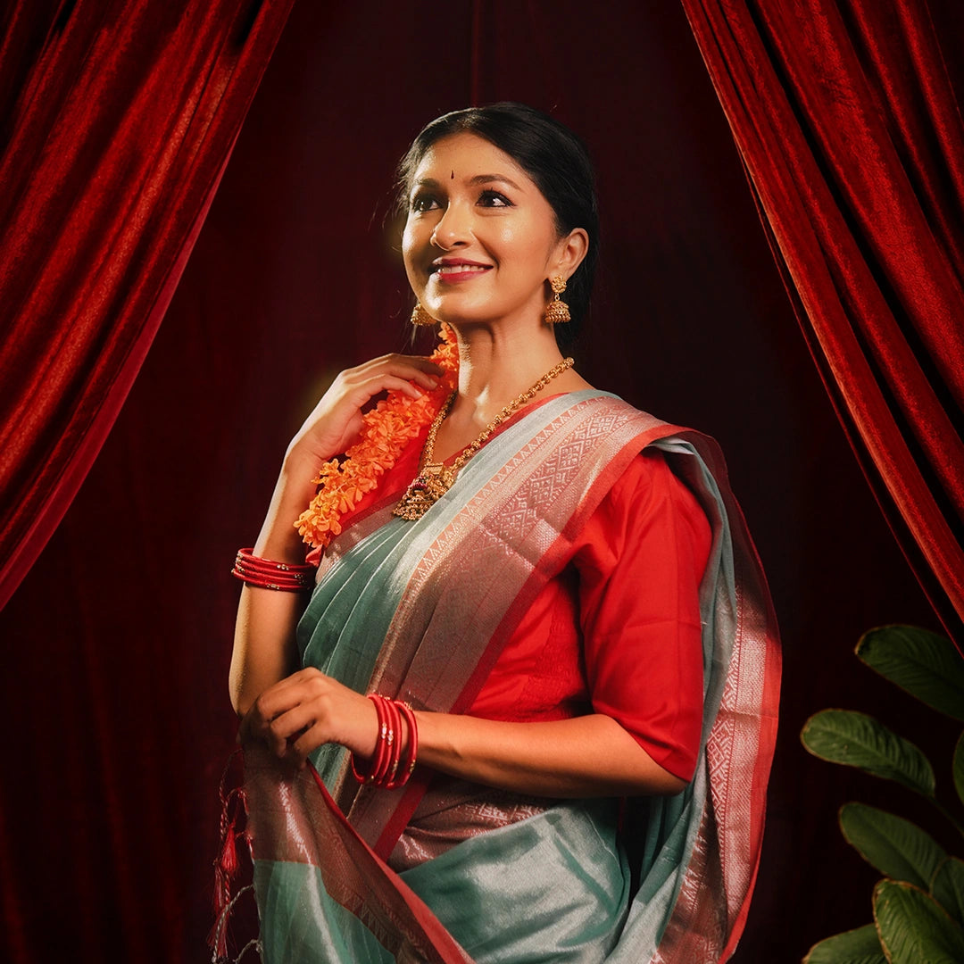 Blue Red Accent Cotton Saree | Handwoven Festive Indian Saree