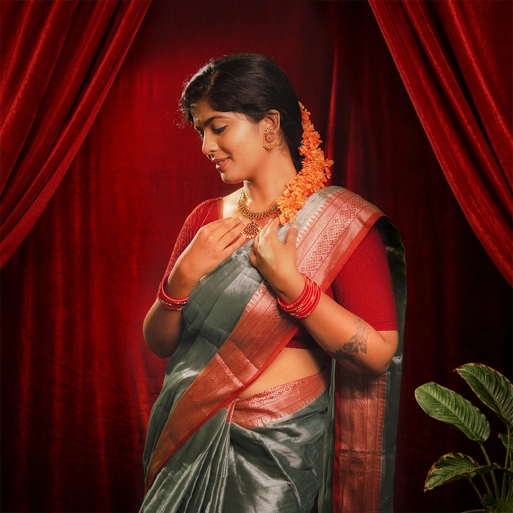 Metallic Grey Saree with Red Zari Border | Contemporary Silk Saree