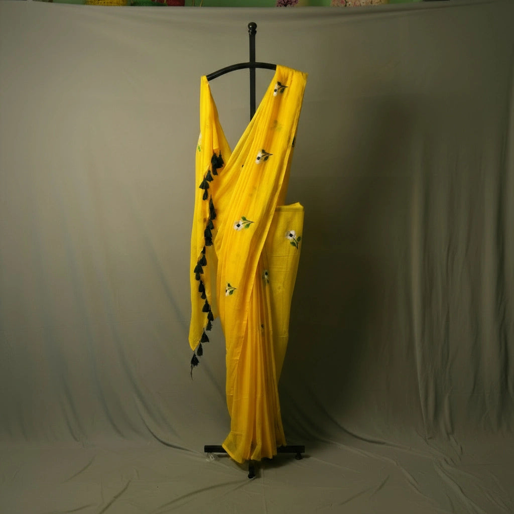 Yellow Flower Embroidery Saree – Festive Designer Party Wear