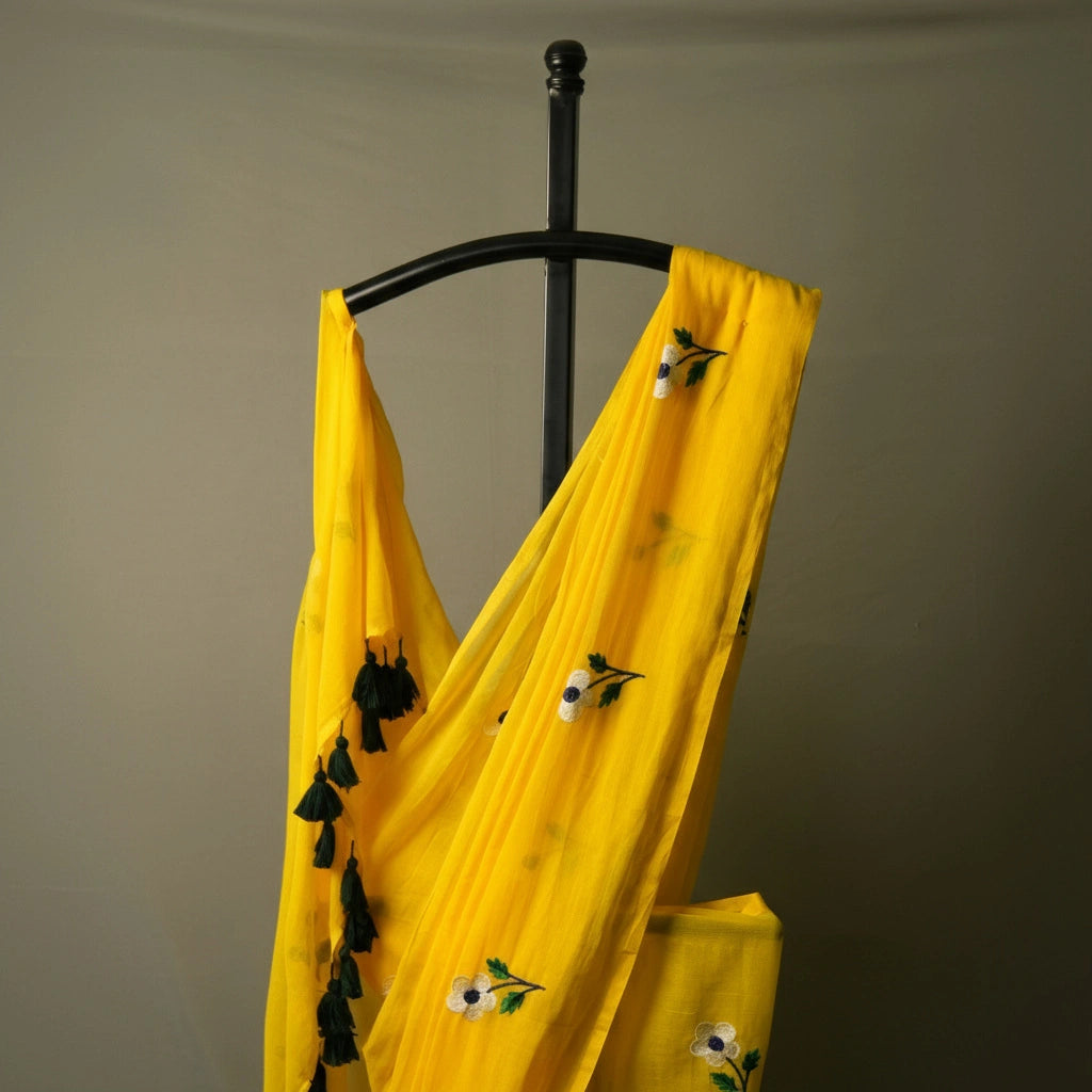 Yellow Flower Embroidery Saree – Festive Designer Party Wear
