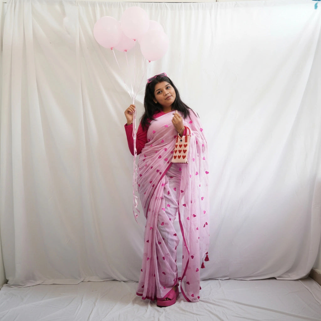 Baby Pink Heart Embroidery Saree – Soft & Elegant Party Wear