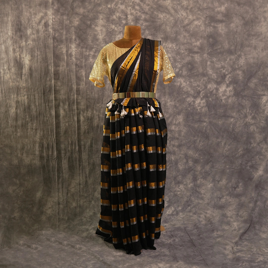 Black Zari Stripe Cotton Saree | Handwoven Festive Indian Saree