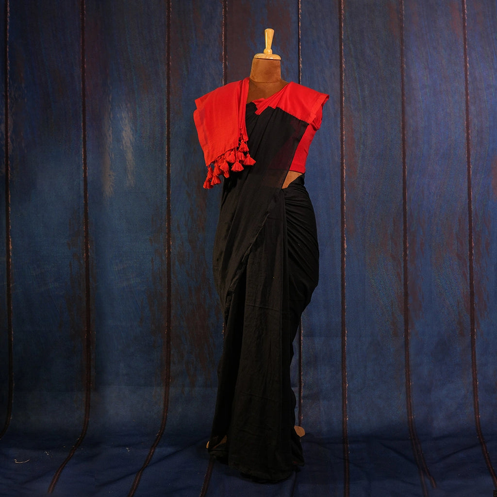 Black & Red Contrast Handcrafted Saree with Tassel Pallu