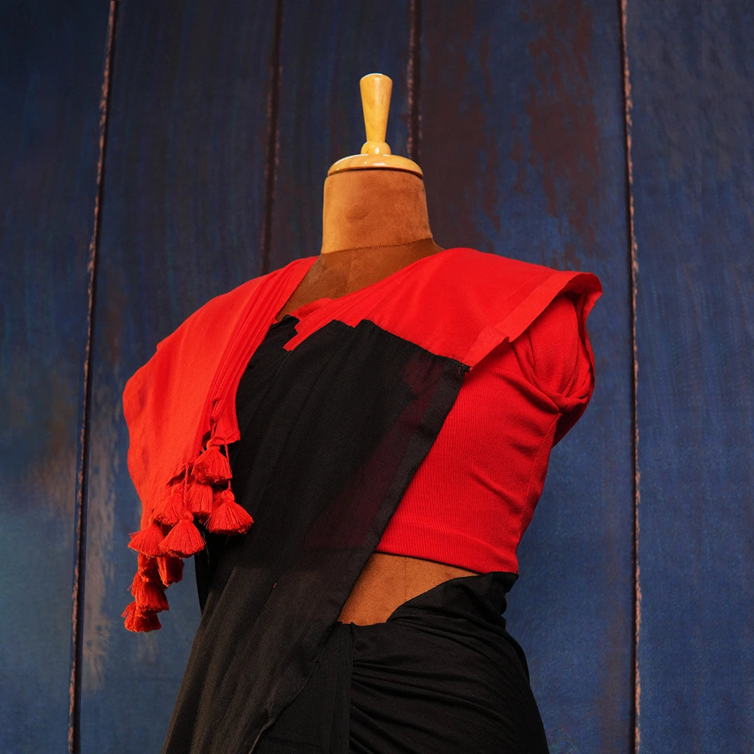 Black & Red Contrast Handcrafted Saree with Tassel Pallu