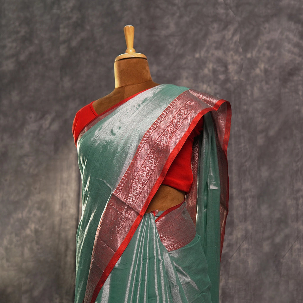 Blue Red Accent Cotton Saree | Handwoven Festive Indian Saree