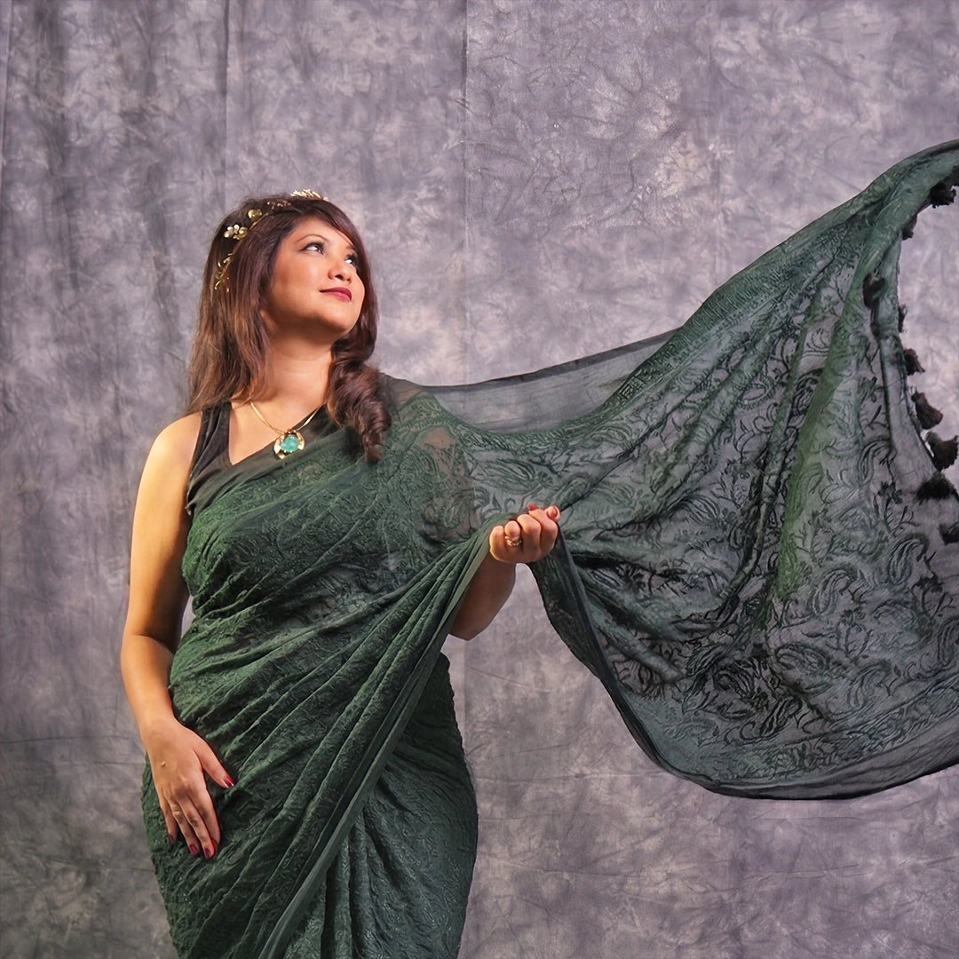 Green Chikankari Saree | Handcrafted Lucknowi Embroidery Saree