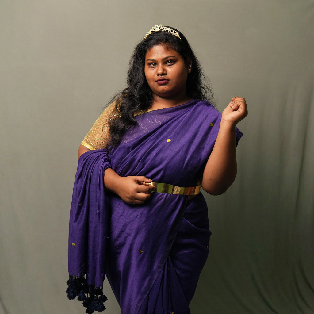 Purple Gini Khadi Saree – Handwoven Cotton Saree with Sequin Detail