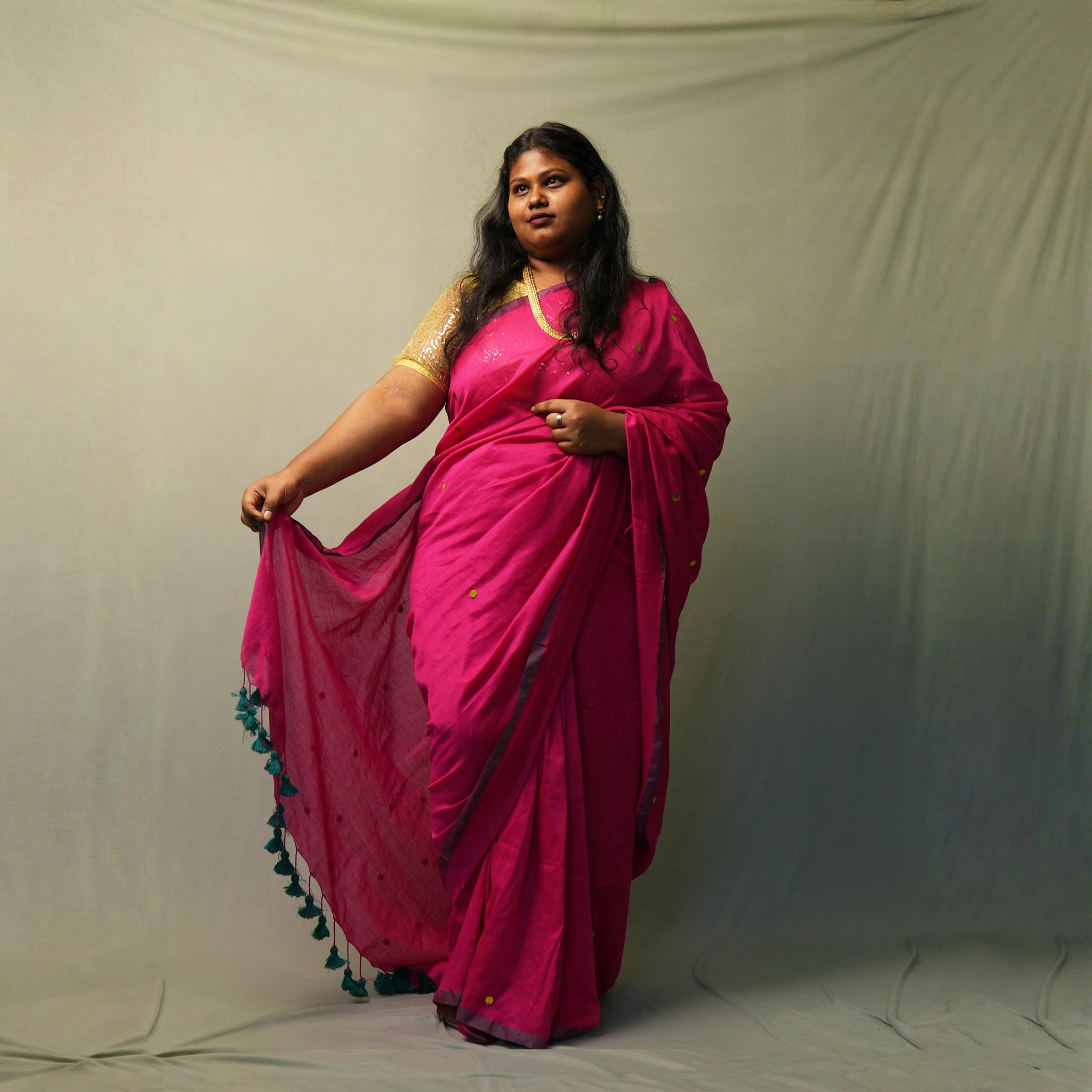 Magenta Gini Khadi Saree – Handwoven Cotton Saree with Sequin Work