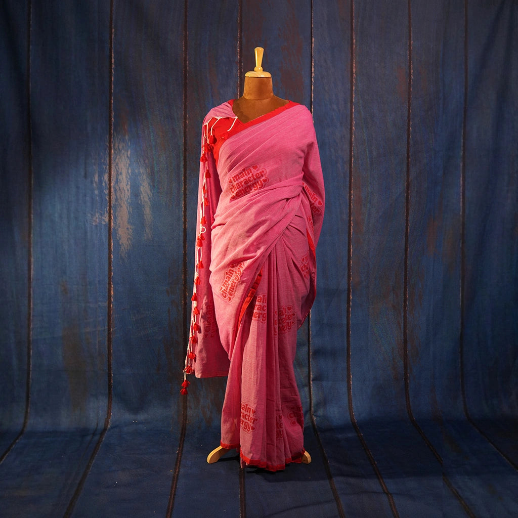 Main Character Energy Printed Pink Handcrafted Tassel Saree