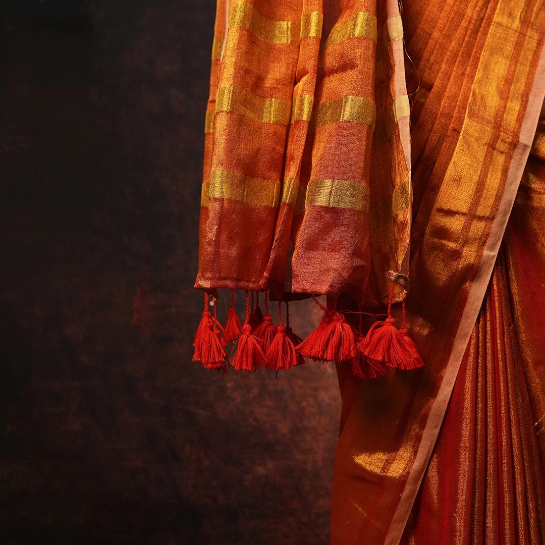 Orange Raga Tissue Saree – Indian Handcrafted Festive Wear Gift