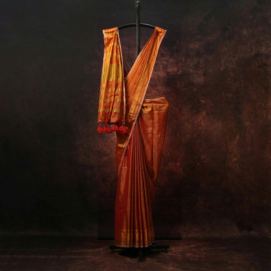 Orange Raga Tissue Saree – Indian Handcrafted Festive Wear Gift