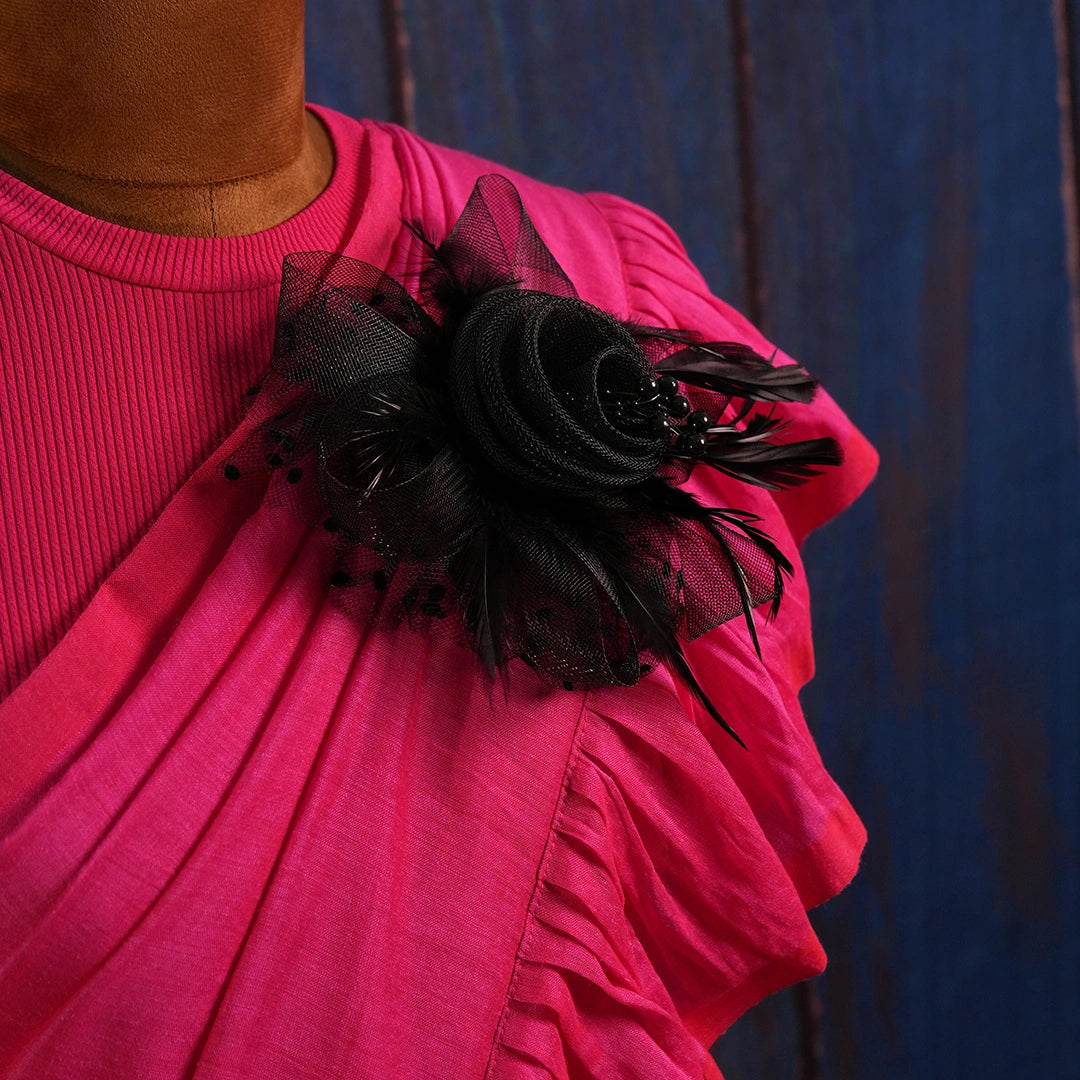 Pink Soft Frill Handcrafted Saree with Floral Brooch