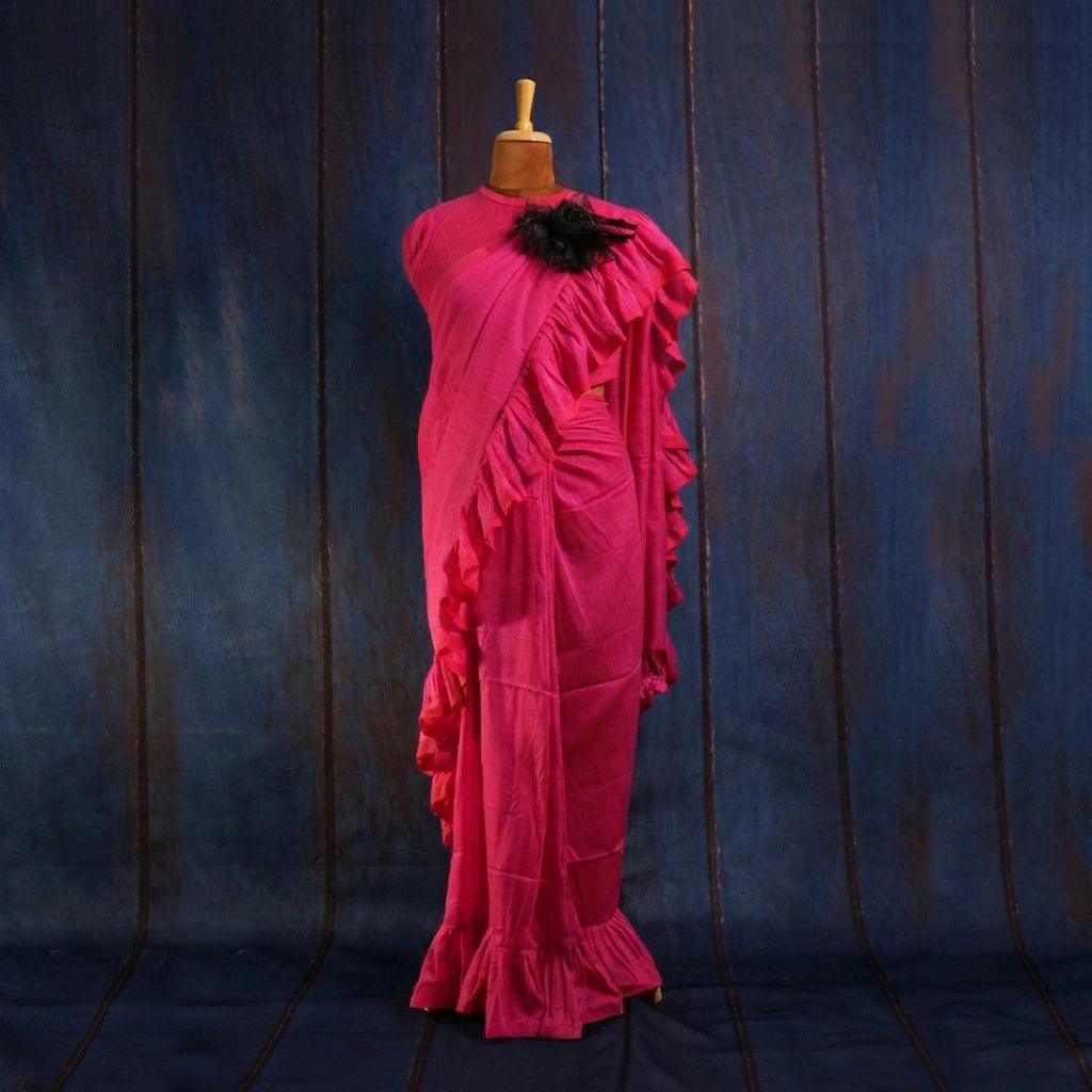 Pink Soft Frill Handcrafted Saree with Floral Brooch