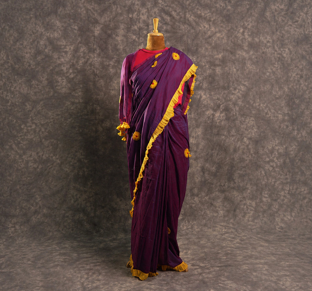 Plum Floral Ruffle Saree Set – Designer Wedding Party Wear