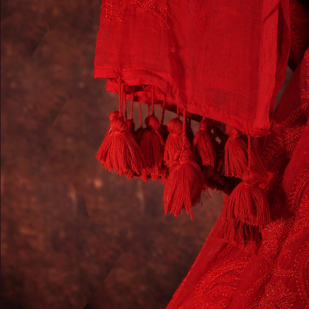 Red Chikankari Saree | Handcrafted Lucknowi Embroidery Saree