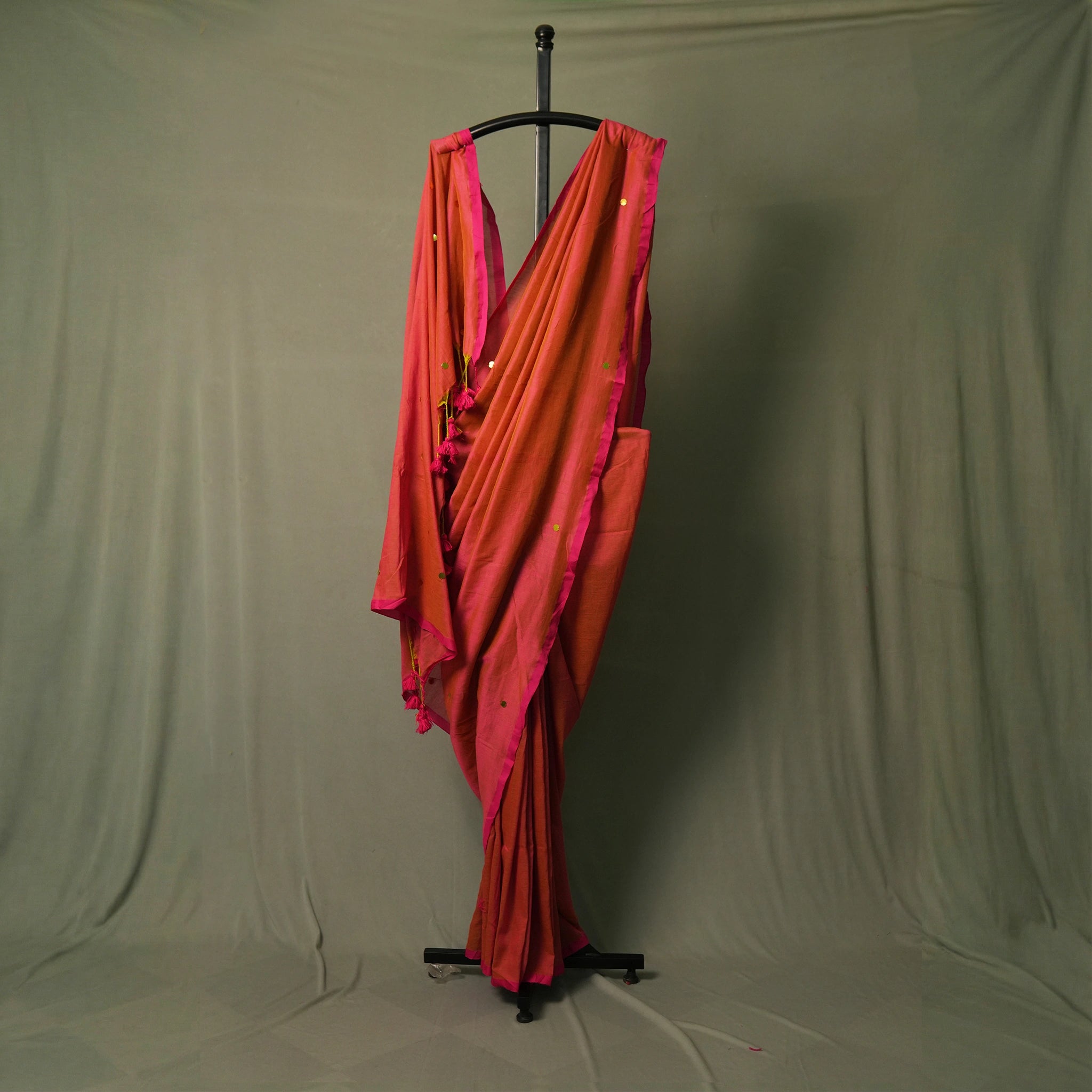 Coral Pink Saree with Mirror Work – Handcrafted Ethnic Wear