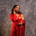Red Bloom and Bold Saree | Designer Floral Print Saree with Golden Border