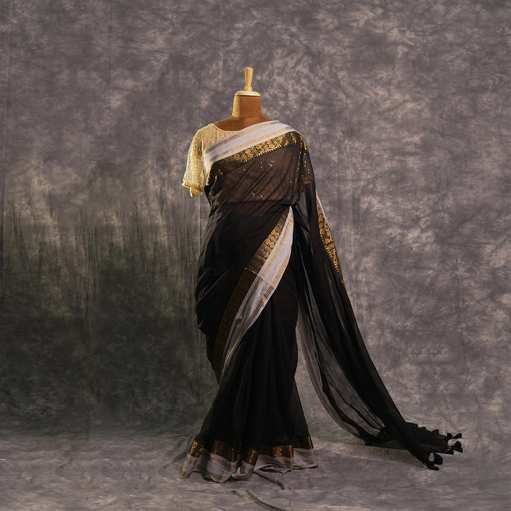 Regal Black Cotton Saree with Golden Border & Tassels
