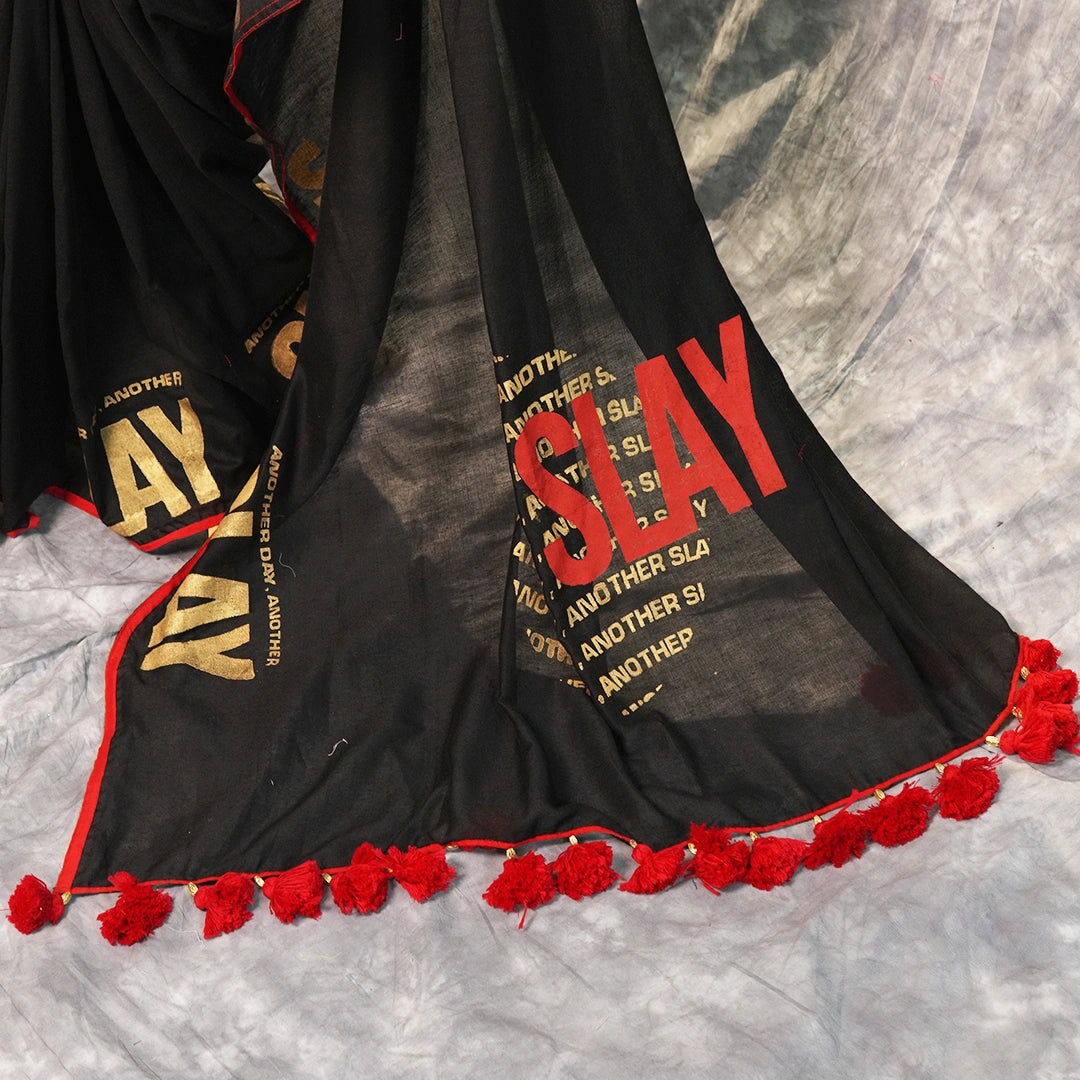 Another Day Another Slay – Black Khadi Saree with Red Piping